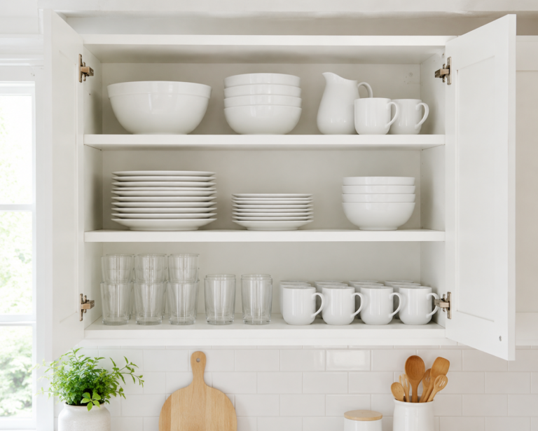 Bright white kitchen cupboard with neatly organized matching white dishes, bowls, and mugs arranged in a minimalist modern style.