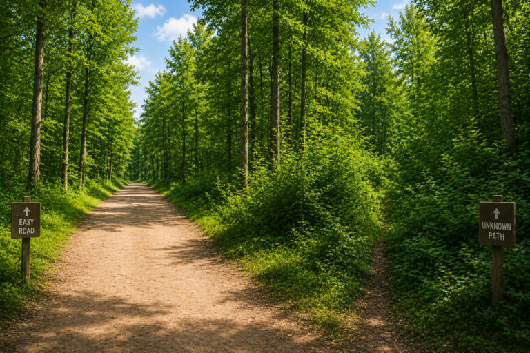 A forest path splits into two directions beneath bright green trees, with one sign labeled “Easy Road” and the other labeled “Unknown Path,” both pointing forward.