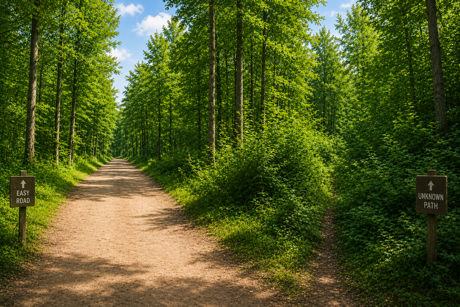 A forest path splits into two directions beneath bright green trees, with one sign labeled “Easy Road” and the other labeled “Unknown Path,” both pointing forward.