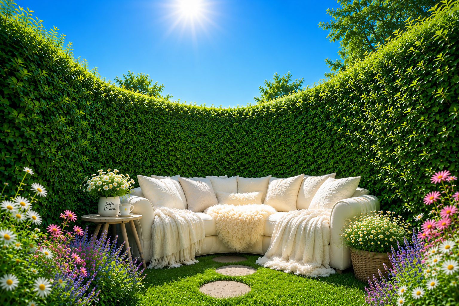 Peaceful garden seating area with a cozy white couch surrounded by greenery and flowers, representing a calm mental reset space after overwhelming or embarrassing thoughts.